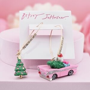 Betsey Johnson Earrings Pink Santa Car Christmas Tree Mismatched Earrings Preppy